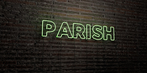PARISH -Realistic Neon Sign on Brick Wall background - 3D rendered royalty free stock image. Can be used for online banner ads and direct mailers..