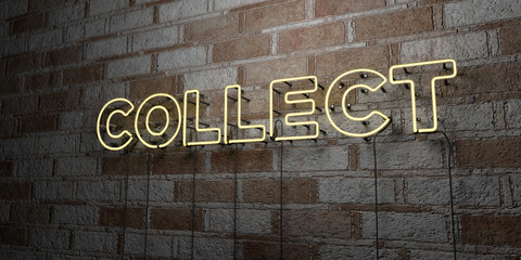 COLLECT - Glowing Neon Sign on stonework wall - 3D rendered royalty free stock illustration.  Can be used for online banner ads and direct mailers..