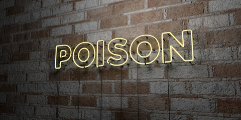 POISON - Glowing Neon Sign on stonework wall - 3D rendered royalty free stock illustration.  Can be used for online banner ads and direct mailers..