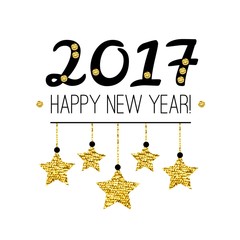 Happy New Year 2017 card with gold stars isolated on white background.