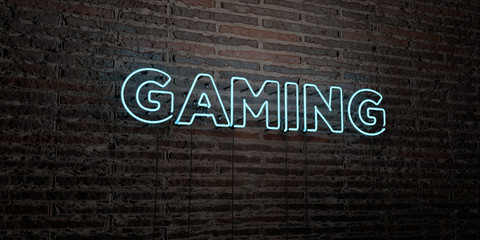 GAMING -Realistic Neon Sign on Brick Wall background - 3D rendered royalty free stock image. Can be used for online banner ads and direct mailers..