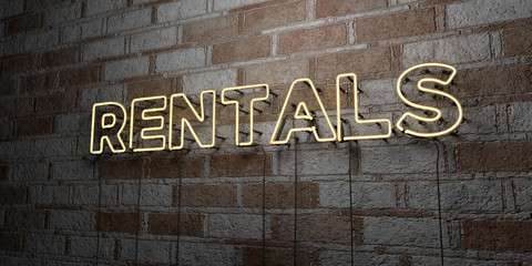 RENTALS - Glowing Neon Sign on stonework wall - 3D rendered royalty free stock illustration.  Can be used for online banner ads and direct mailers..