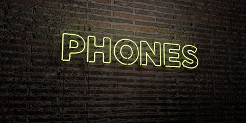 PHONES -Realistic Neon Sign on Brick Wall background - 3D rendered royalty free stock image. Can be used for online banner ads and direct mailers..