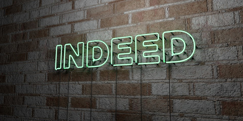 INDEED - Glowing Neon Sign on stonework wall - 3D rendered royalty free stock illustration.  Can be used for online banner ads and direct mailers..