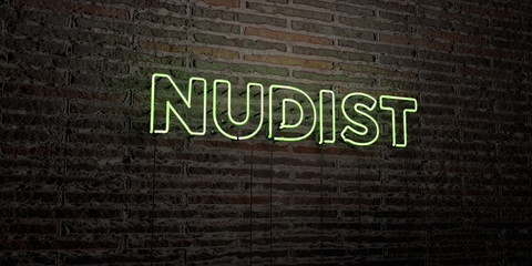 NUDIST -Realistic Neon Sign on Brick Wall background - 3D rendered royalty free stock image. Can be used for online banner ads and direct mailers..