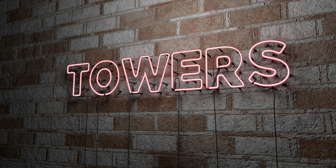TOWERS - Glowing Neon Sign on stonework wall - 3D rendered royalty free stock illustration.  Can be used for online banner ads and direct mailers..