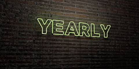 YEARLY -Realistic Neon Sign on Brick Wall background - 3D rendered royalty free stock image. Can be used for online banner ads and direct mailers..