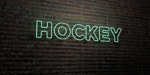 HOCKEY -Realistic Neon Sign on Brick Wall background - 3D rendered royalty free stock image. Can be used for online banner ads and direct mailers..