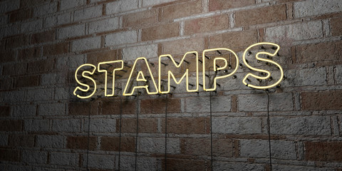 STAMPS - Glowing Neon Sign on stonework wall - 3D rendered royalty free stock illustration.  Can be used for online banner ads and direct mailers..