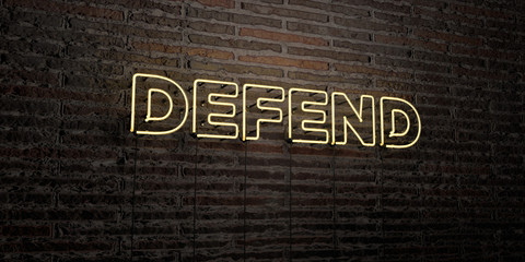 DEFEND -Realistic Neon Sign on Brick Wall background - 3D rendered royalty free stock image. Can be used for online banner ads and direct mailers..