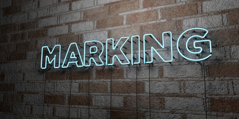 MARKING - Glowing Neon Sign on stonework wall - 3D rendered royalty free stock illustration.  Can be used for online banner ads and direct mailers..