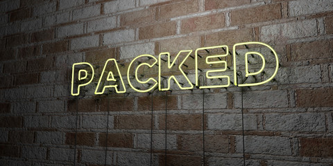 PACKED - Glowing Neon Sign on stonework wall - 3D rendered royalty free stock illustration.  Can be used for online banner ads and direct mailers..