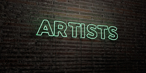ARTISTS -Realistic Neon Sign on Brick Wall background - 3D rendered royalty free stock image. Can be used for online banner ads and direct mailers..