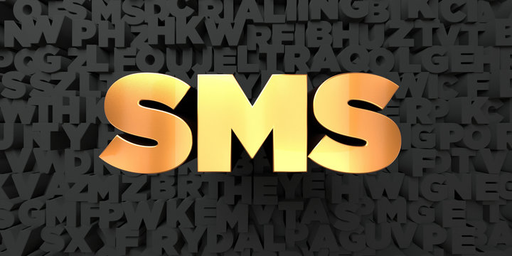 Sms - Gold text on black background - 3D rendered royalty free stock picture. This image can be used for an online website banner ad or a print postcard.