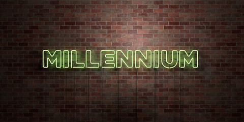 MILLENNIUM - fluorescent Neon tube Sign on brickwork - Front view - 3D rendered royalty free stock picture. Can be used for online banner ads and direct mailers..