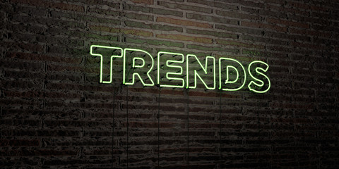 TRENDS -Realistic Neon Sign on Brick Wall background - 3D rendered royalty free stock image. Can be used for online banner ads and direct mailers..