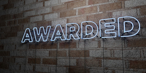 AWARDED - Glowing Neon Sign on stonework wall - 3D rendered royalty free stock illustration.  Can be used for online banner ads and direct mailers..