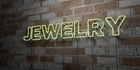 JEWELRY - Glowing Neon Sign on stonework wall - 3D rendered royalty free stock illustration.  Can be used for online banner ads and direct mailers..
