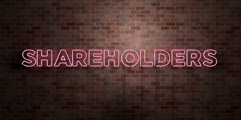 SHAREHOLDERS - fluorescent Neon tube Sign on brickwork - Front view - 3D rendered royalty free stock picture. Can be used for online banner ads and direct mailers..