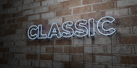 CLASSIC - Glowing Neon Sign on stonework wall - 3D rendered royalty free stock illustration.  Can be used for online banner ads and direct mailers..