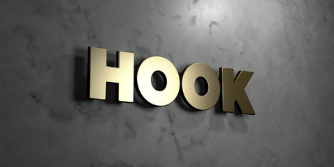 Hook - Gold sign mounted on glossy marble wall  - 3D rendered royalty free stock illustration. This image can be used for an online website banner ad or a print postcard.