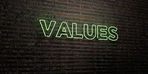 VALUES -Realistic Neon Sign on Brick Wall background - 3D rendered royalty free stock image. Can be used for online banner ads and direct mailers..