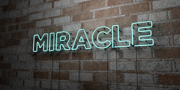 MIRACLE - Glowing Neon Sign on stonework wall - 3D rendered royalty free stock illustration.  Can be used for online banner ads and direct mailers..