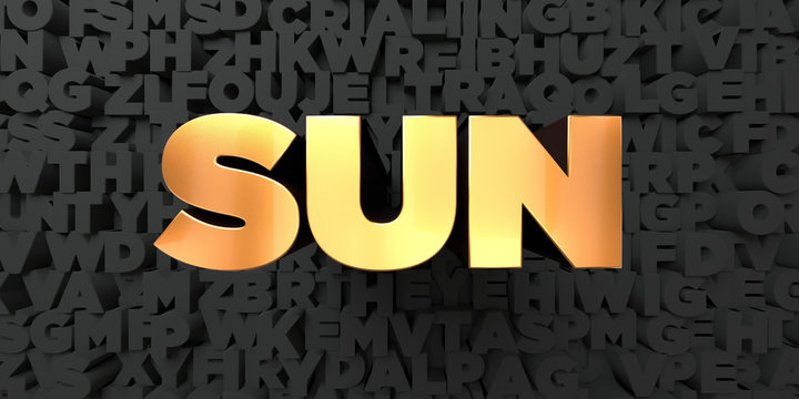 Sun - Gold text on black background - 3D rendered royalty free stock picture. This image can be used for an online website banner ad or a print postcard.