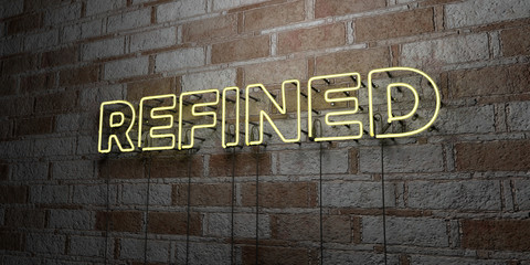 REFINED - Glowing Neon Sign on stonework wall - 3D rendered royalty free stock illustration.  Can be used for online banner ads and direct mailers..