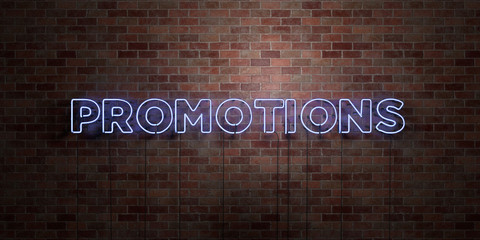 PROMOTIONS - fluorescent Neon tube Sign on brickwork - Front view - 3D rendered royalty free stock picture. Can be used for online banner ads and direct mailers..