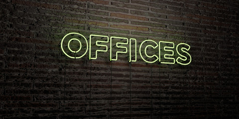 OFFICES -Realistic Neon Sign on Brick Wall background - 3D rendered royalty free stock image. Can be used for online banner ads and direct mailers..