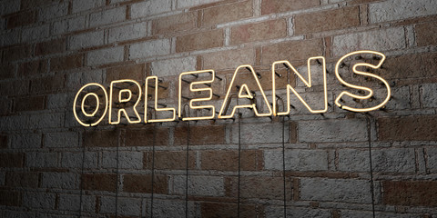 ORLEANS - Glowing Neon Sign on stonework wall - 3D rendered royalty free stock illustration.  Can be used for online banner ads and direct mailers..