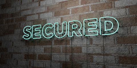 SECURED - Glowing Neon Sign on stonework wall - 3D rendered royalty free stock illustration.  Can be used for online banner ads and direct mailers..