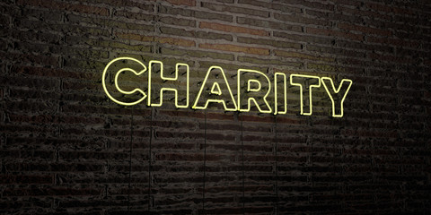 CHARITY -Realistic Neon Sign on Brick Wall background - 3D rendered royalty free stock image. Can be used for online banner ads and direct mailers..