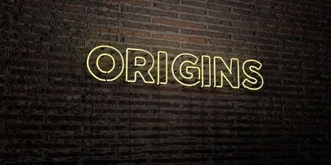 ORIGINS -Realistic Neon Sign on Brick Wall background - 3D rendered royalty free stock image. Can be used for online banner ads and direct mailers..