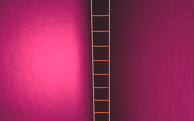 Polygonal staircase 3d illustration. Magenta on gray background with stone texture.