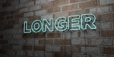 LONGER - Glowing Neon Sign on stonework wall - 3D rendered royalty free stock illustration.  Can be used for online banner ads and direct mailers..
