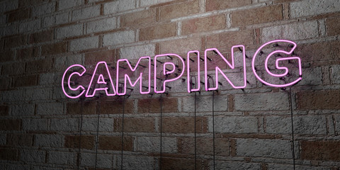 CAMPING - Glowing Neon Sign on stonework wall - 3D rendered royalty free stock illustration.  Can be used for online banner ads and direct mailers..