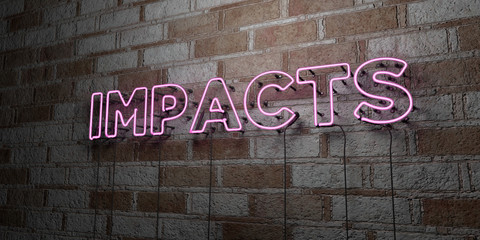 IMPACTS - Glowing Neon Sign on stonework wall - 3D rendered royalty free stock illustration.  Can be used for online banner ads and direct mailers..