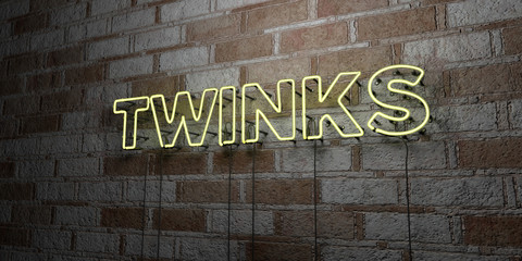 TWINKS - Glowing Neon Sign on stonework wall - 3D rendered royalty free stock illustration.  Can be used for online banner ads and direct mailers..