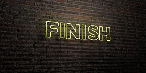 FINISH -Realistic Neon Sign on Brick Wall background - 3D rendered royalty free stock image. Can be used for online banner ads and direct mailers..