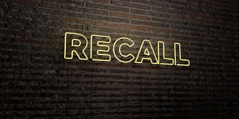 RECALL -Realistic Neon Sign on Brick Wall background - 3D rendered royalty free stock image. Can be used for online banner ads and direct mailers..