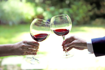 Man and female toasting with glasses of red wine outdoor