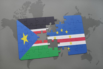 puzzle with the national flag of south sudan and cape verde on a world map