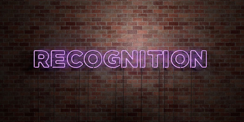 RECOGNITION - fluorescent Neon tube Sign on brickwork - Front view - 3D rendered royalty free stock picture. Can be used for online banner ads and direct mailers..