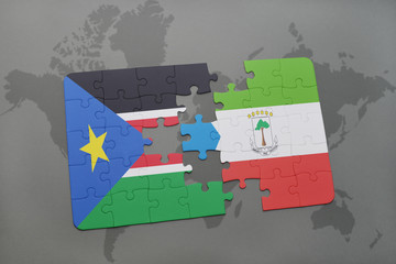 puzzle with the national flag of south sudan and equatorial guinea on a world map