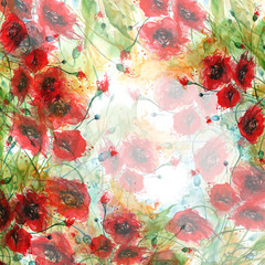 Watercolor red poppy flowers. Painting, hand drawing, paint splash. Beautiful vintage card, invitation, announcement, frame with place for text. A series of works.