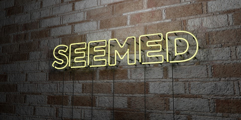 Fototapeta premium SEEMED - Glowing Neon Sign on stonework wall - 3D rendered royalty free stock illustration. Can be used for online banner ads and direct mailers..