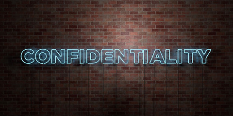 CONFIDENTIALITY - fluorescent Neon tube Sign on brickwork - Front view - 3D rendered royalty free stock picture. Can be used for online banner ads and direct mailers..