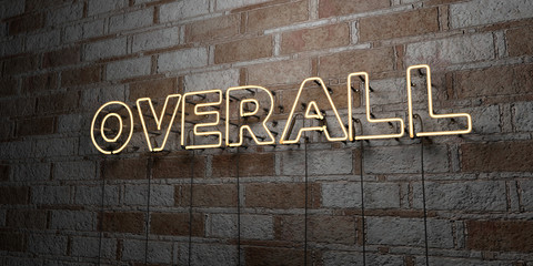OVERALL - Glowing Neon Sign on stonework wall - 3D rendered royalty free stock illustration.  Can be used for online banner ads and direct mailers..